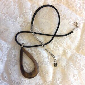 NEW Bauxo Black Leather Necklace with Brown Handmade Oval Wooden Pendant